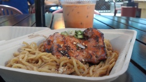 Five spice grilled chicken with garlic noodles and shut eyes wide- a mix of Vietnamese iced coffee and Thai iced tea.