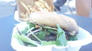 Lemongrass Marin Sunfarms grassfed beef burger with tamarind bbq sauce and pickled carrots & daikon.