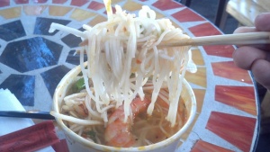 Hot soup sith Dungeness crab, tiger prawns, and rice noodles.