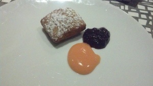 Candied ginger beignet with lime custard and mixed berry compote.  I was eating the berry compote by the spoonful.