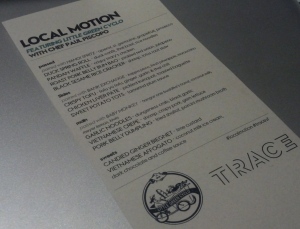 Menu for Local Motion dinner, featuring Little Green Cyclo.