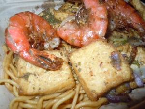 Surf and turf garlic noodles.  Tamarind tofu substituted for shaking beef.